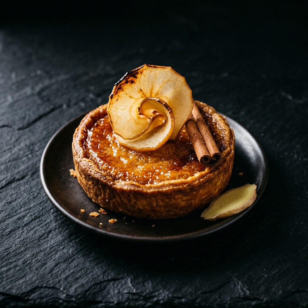Tourment d'amour surmonté d'une fine tranche de pomme caramelisée, avec bâton de cannelle et gingembre frais