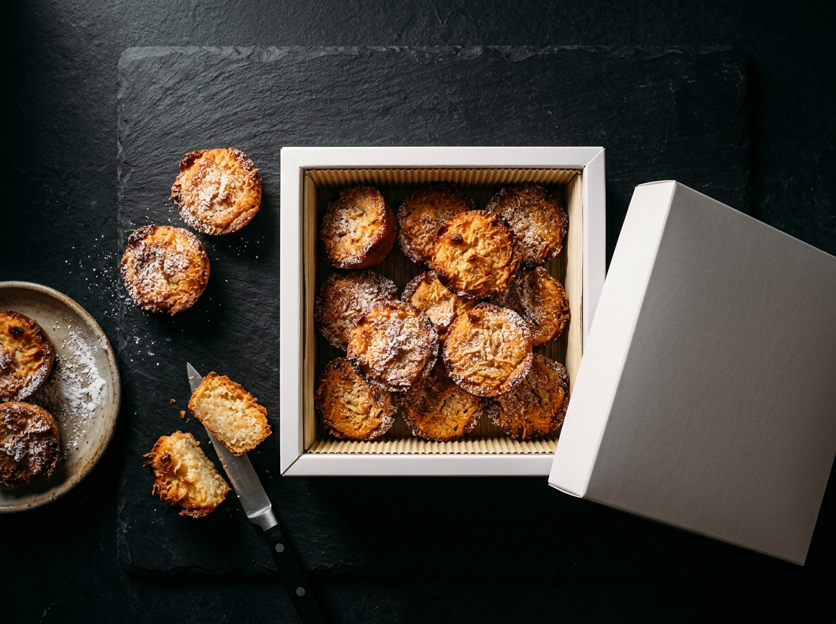 Boîte blanche de tourments d'amour ouverte, pâtisseries caramélisées présentées sur fond sombre